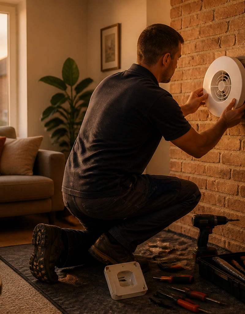 An installer fitting a decentralised MVHR heat recovery fan on an internal wall in a UK home