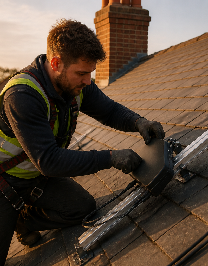 Solar installer fitting a microinverter onto mounting rails on a slate roof of a UK home