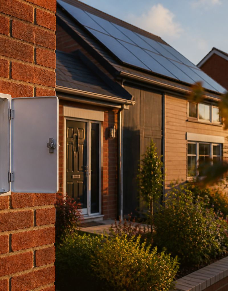 A white domestic electricity meter box on a UK brick house wall with solar panels on the roof.