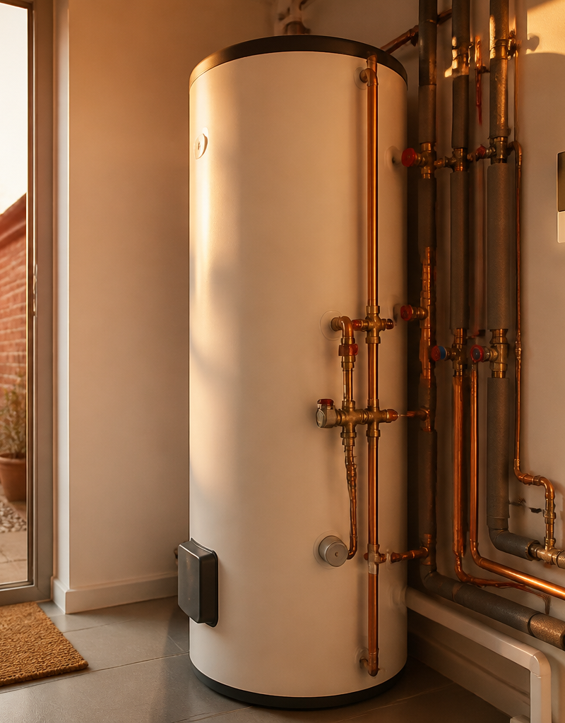 A modern stainless steel hot water cylinder with insulated copper pipework and a digital heat pump controller.