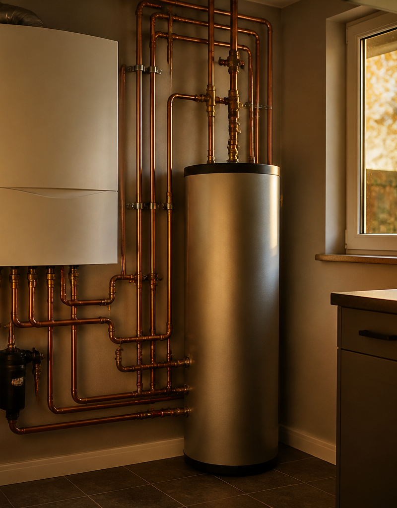 Heat pump indoor unit and insulated volumiser tank installed with copper pipework in a UK home utility room.