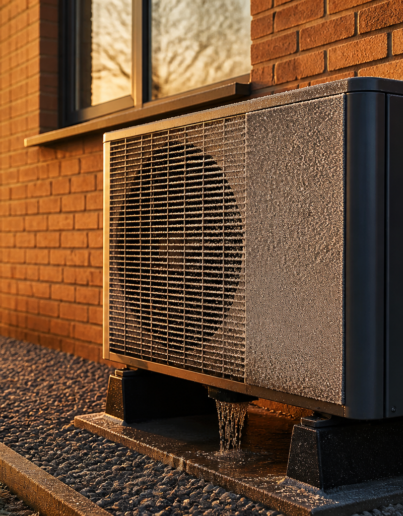 Air source heat pump outdoor unit sitting on a gravel base next to a brick wall on a winter morning.