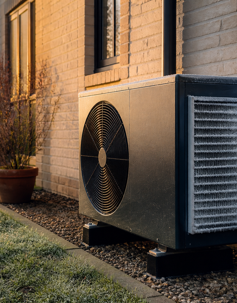 An outdoor air source heat pump unit installed outside a UK brick home on a frosty winter morning.
