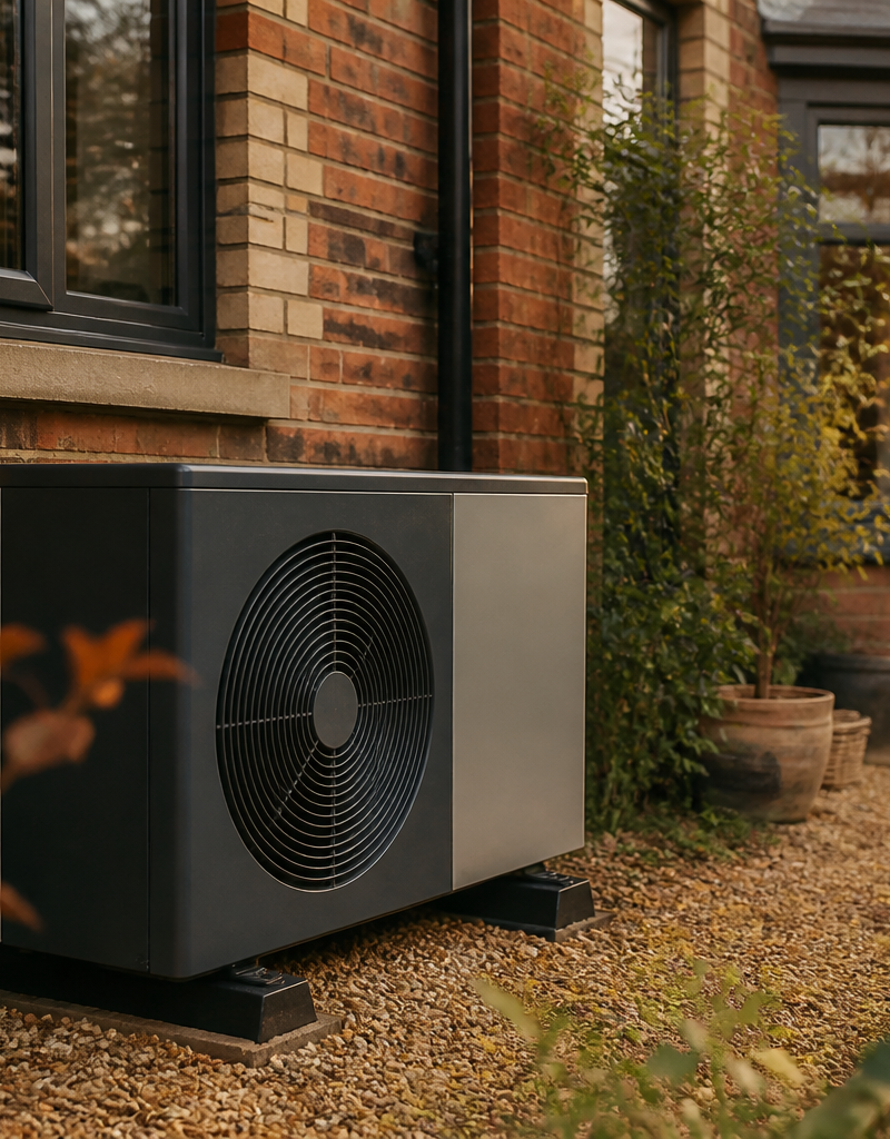 An outdoor air source heat pump unit installed outside a modernised British brick house.