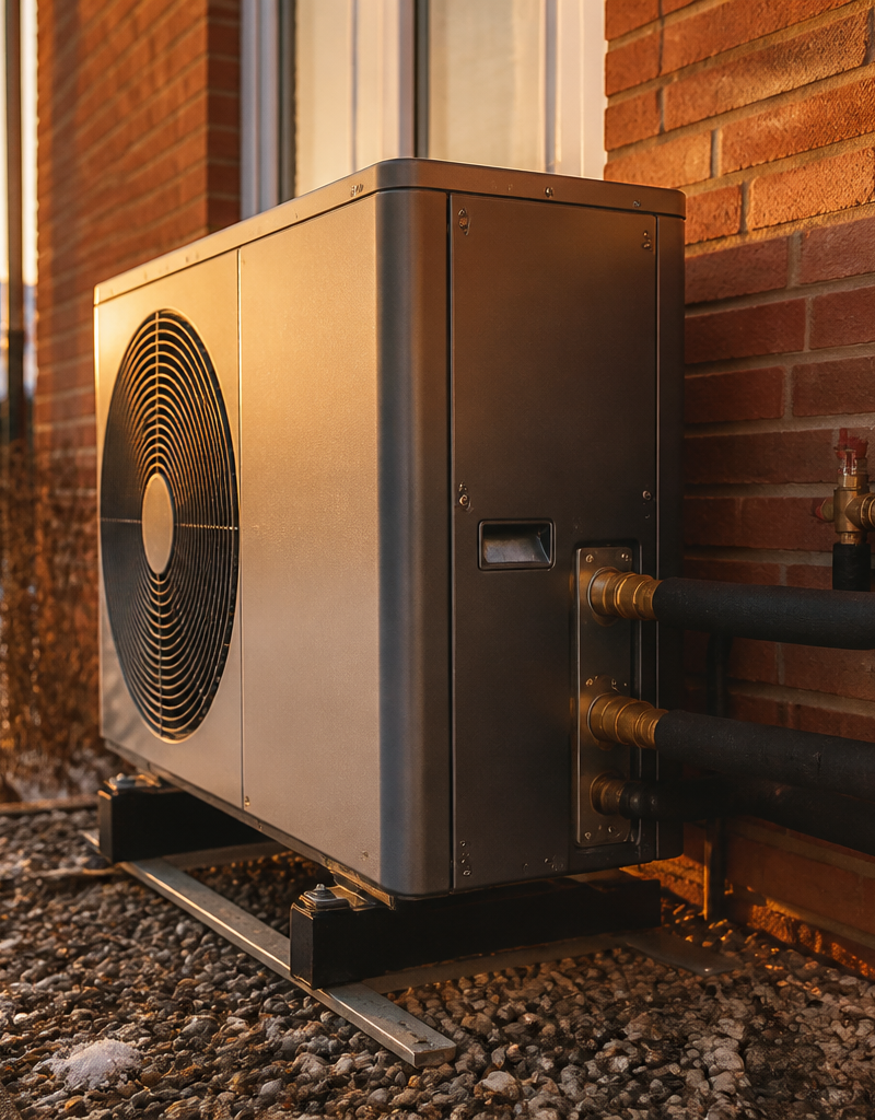 Outdoor monobloc heat pump unit with insulated pipework and mechanical anti-freeze valves installed against a brick wall