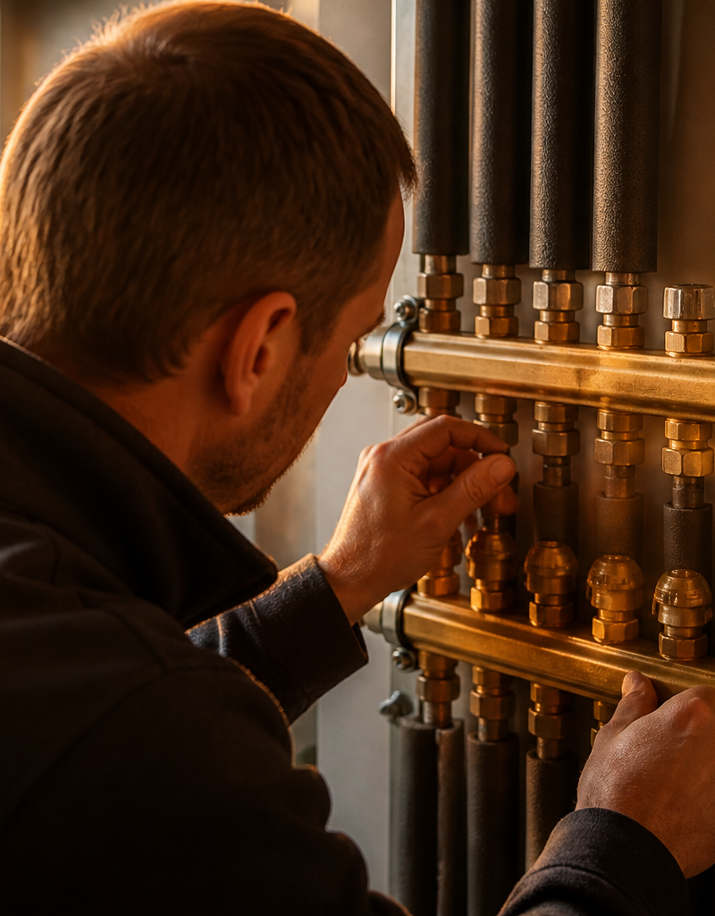 Heating engineer adjusting valves on a heat pump manifold in a UK home utility room.