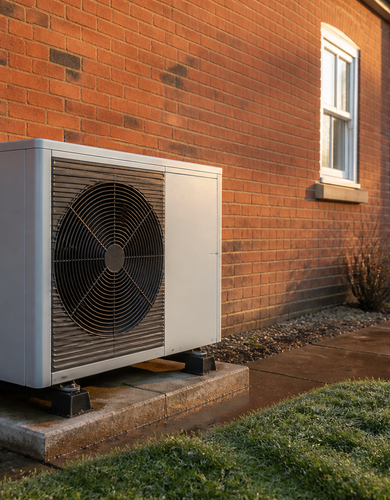 An air source heat pump unit installed outside a red-brick UK home.