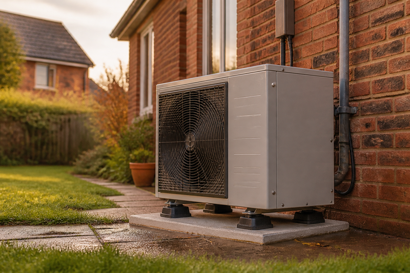 An outdoor heat pump unit mounted on anti-vibration feet beside a brick home wall in a British garden.