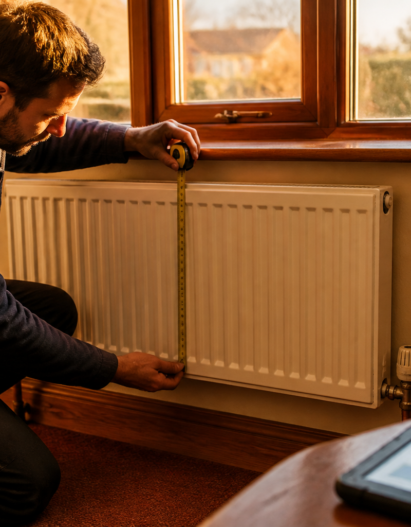 A heating engineer measuring a radiator in a British living room during a heat pump survey.