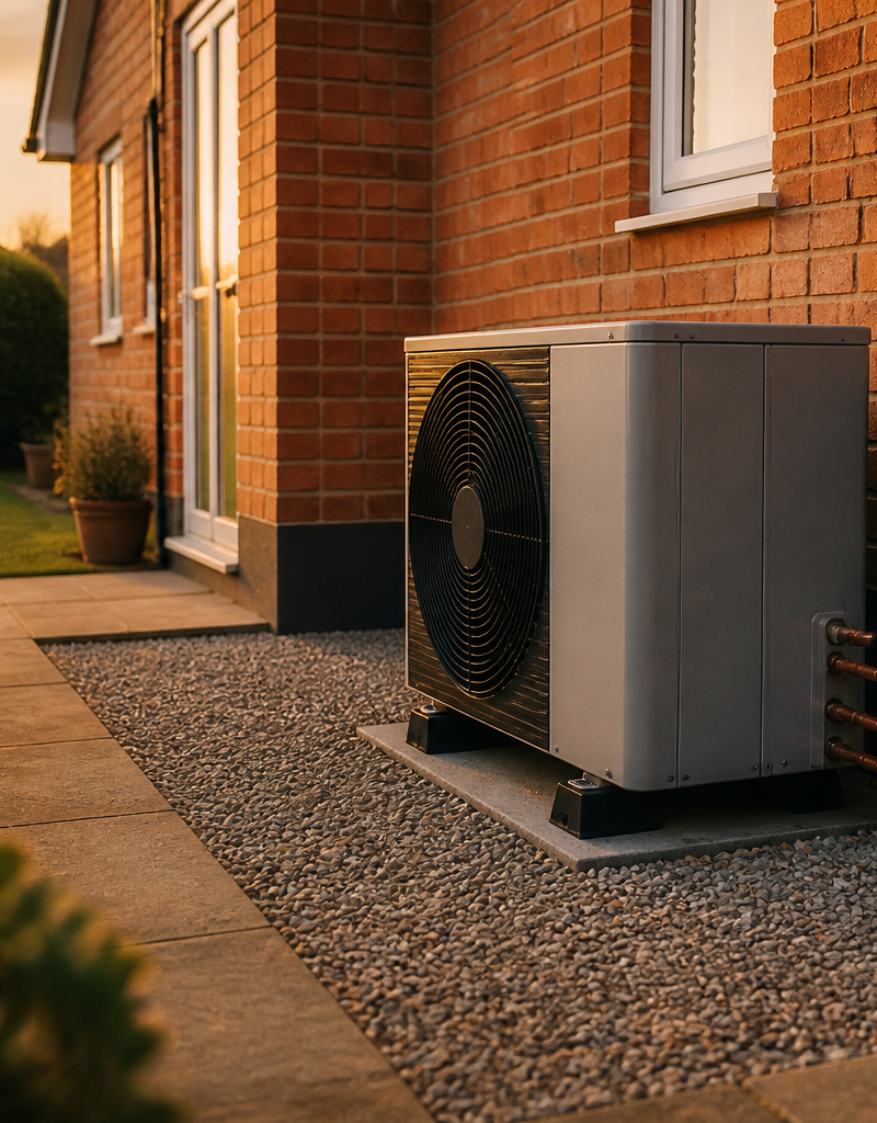 An outdoor air source heat pump unit installed on a gravel base next to a brick house wall.