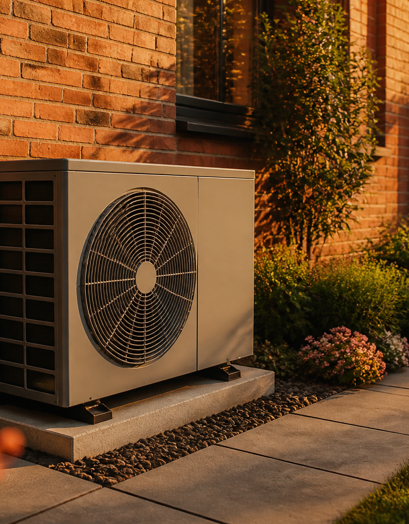 An air source heat pump outdoor unit sitting on a concrete slab beside a brick house wall in summer.