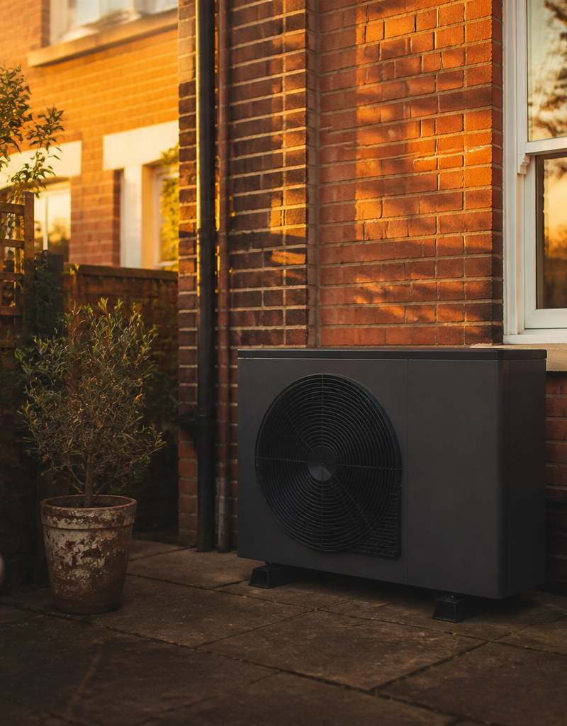 Air source heat pump outdoor unit installed in the rear patio garden of a brick Victorian terraced house.