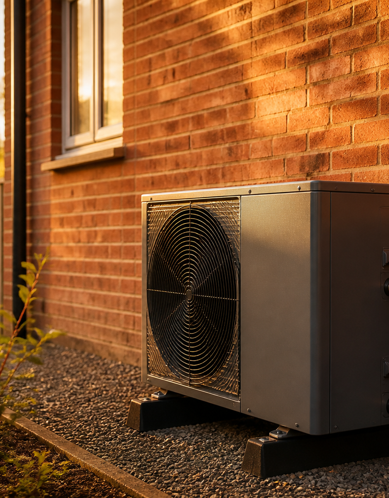 Air source heat pump outdoor unit with insulated copper piping installed beside a brick home wall.