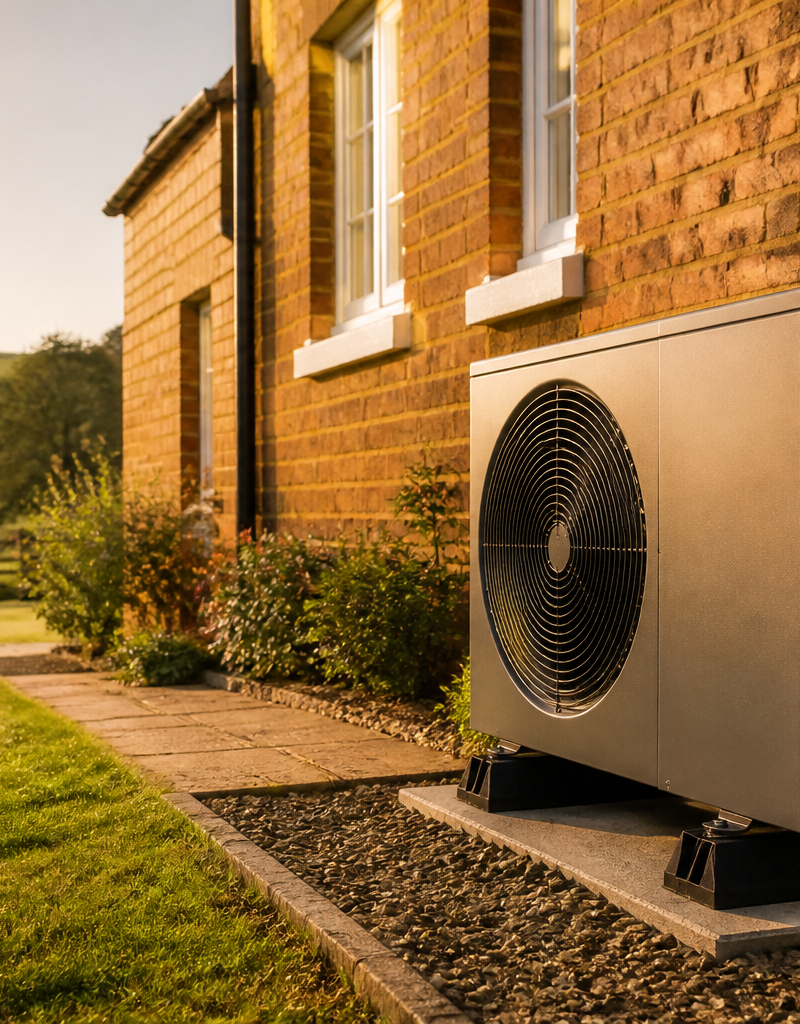 An air source heat pump outdoor unit installed outside a rural house in the UK.