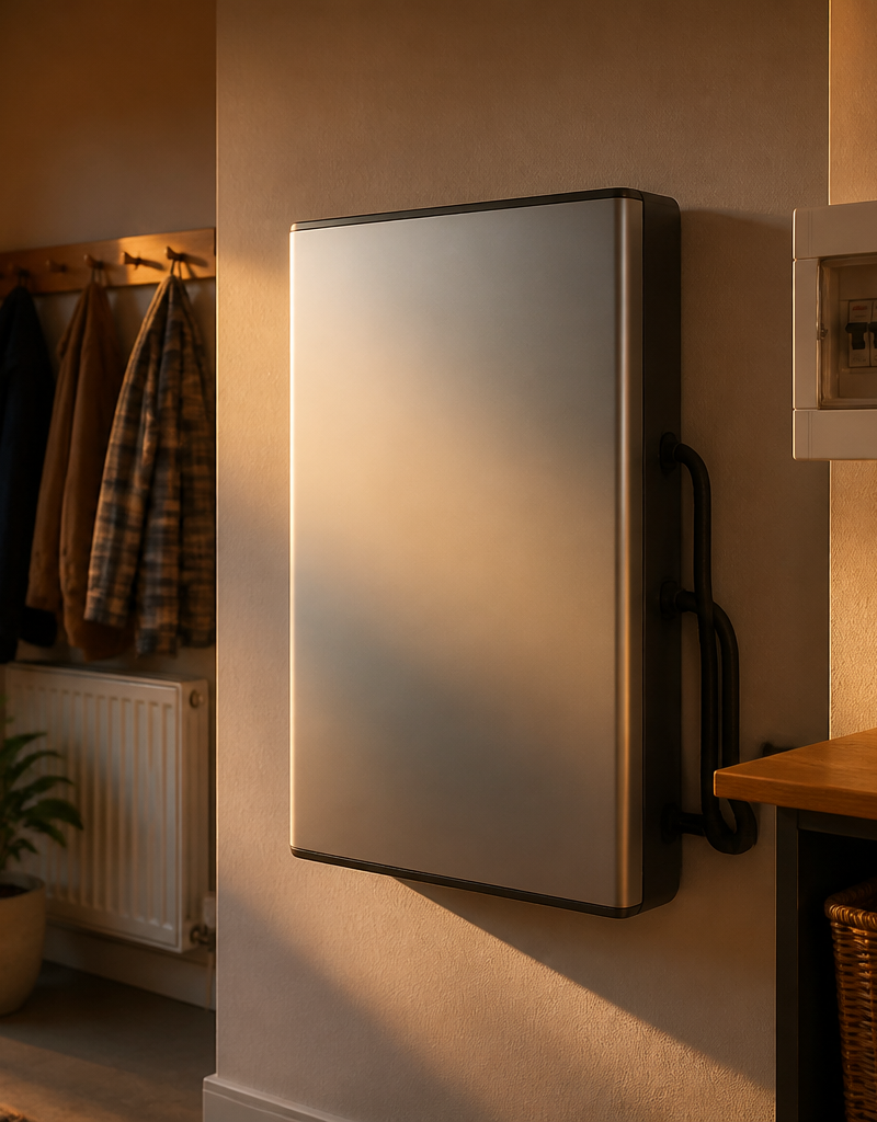 A home battery storage system mounted on a utility room wall in a UK home.
