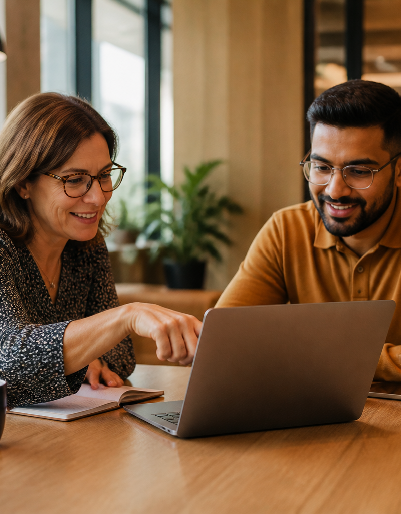 An HR manager and employee discussing workplace benefits over a laptop in a bright office