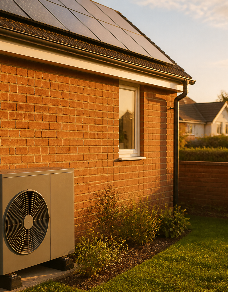Air source heat pump outdoor unit beside a UK brick house with solar panels on the roof.