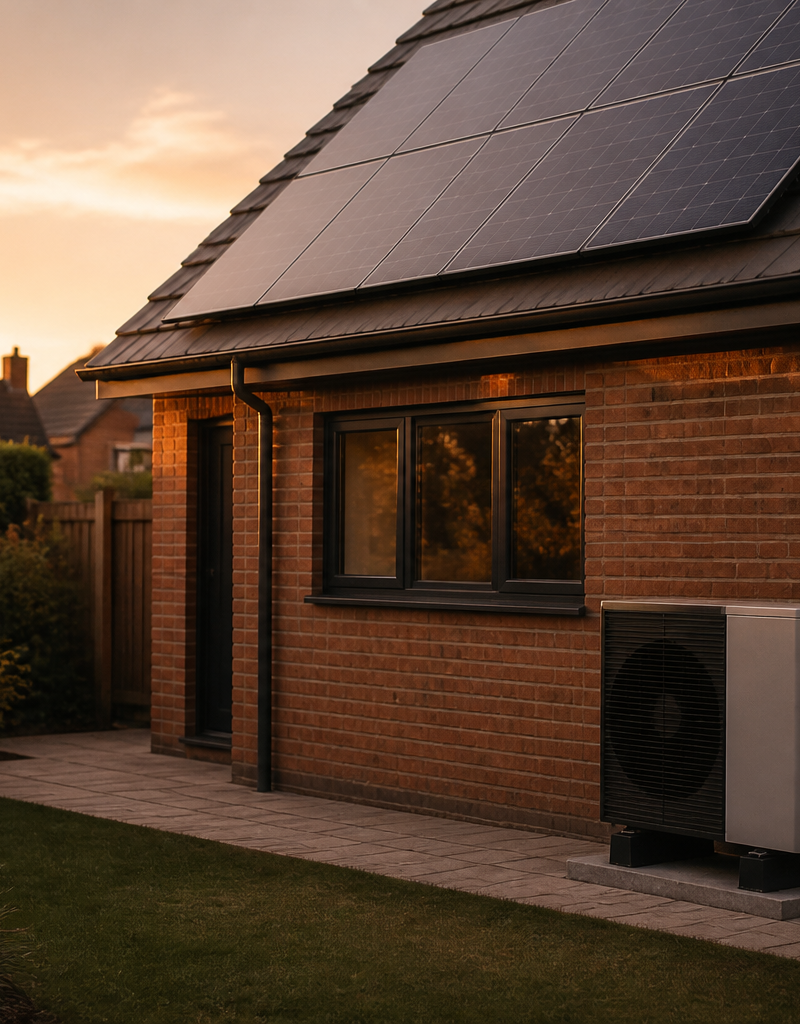 A British home featuring rooftop solar PV panels and an outdoor heat pump unit beside a brick wall.