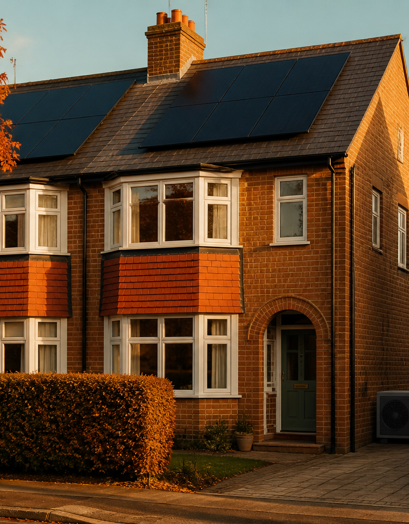 UK suburban house with rooftop solar panels and a clean air source heat pump outdoor unit