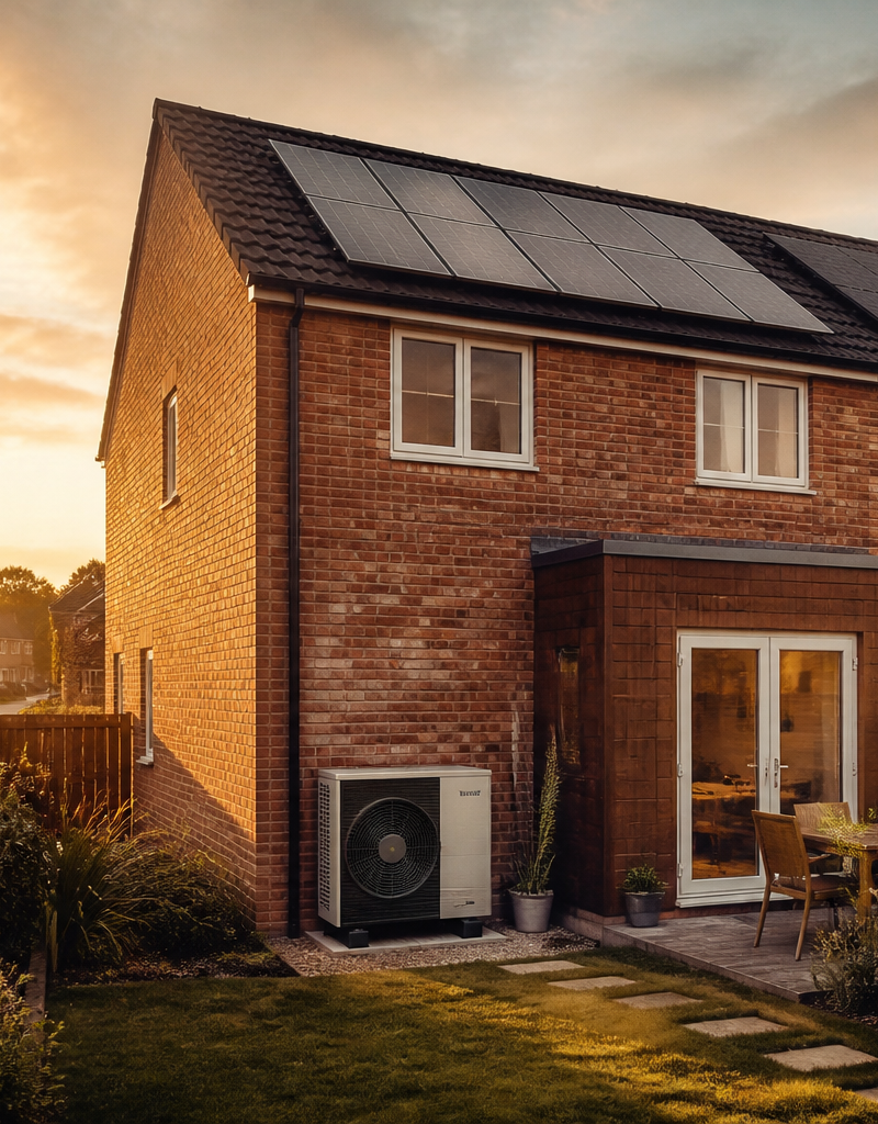 A UK house with solar panels on the roof and an air source heat pump unit in a suburban garden.