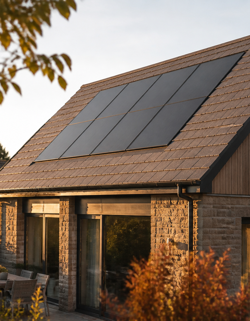 Flush integrated solar PV panels installed on a slate roof of a UK home