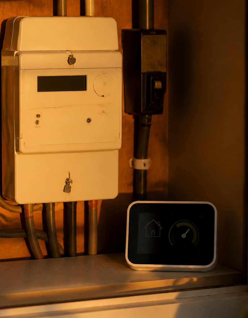 A modern domestic UK smart meter display and fuse box showing household energy consumption in a home utility space.
