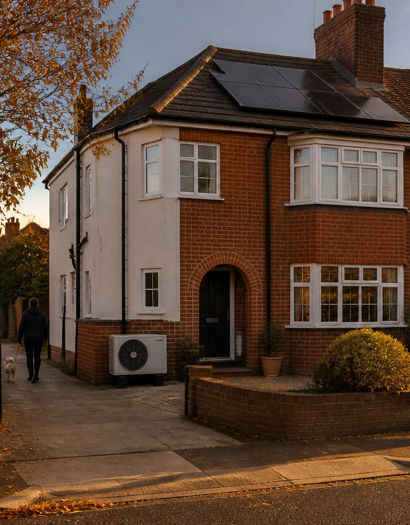 A British semi-detached house featuring roof solar panels and an outdoor heat pump under autumn daylight.