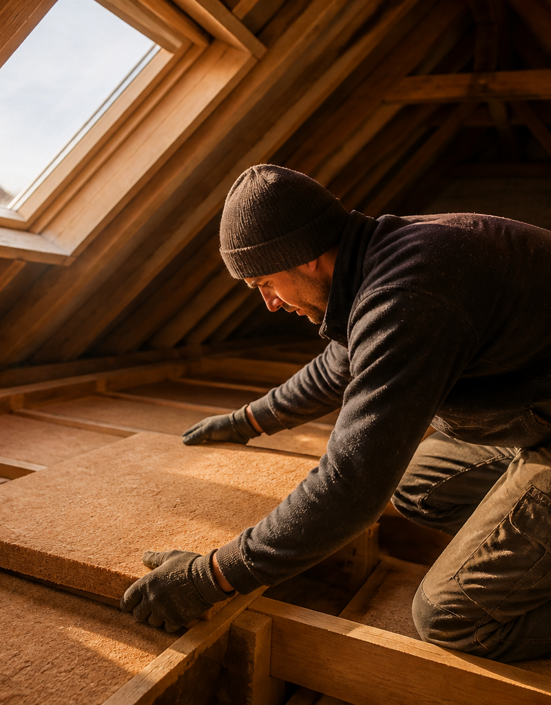 An installer placing wood fibre insulation boards between timber joists in a UK home loft space