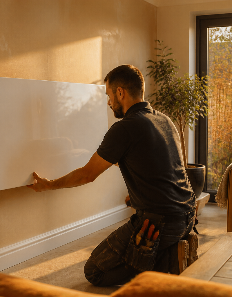 Installer fitting a slim infrared heating panel on a living room wall in a UK house
