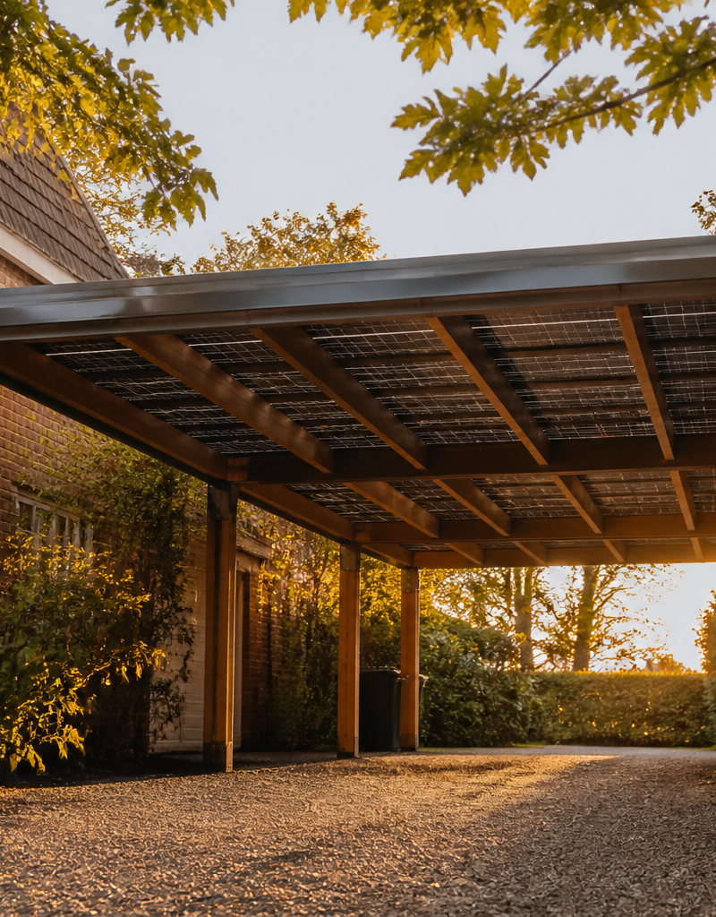 A domestic solar carport with integrated solar panels mounted over a car parked on a UK driveway.