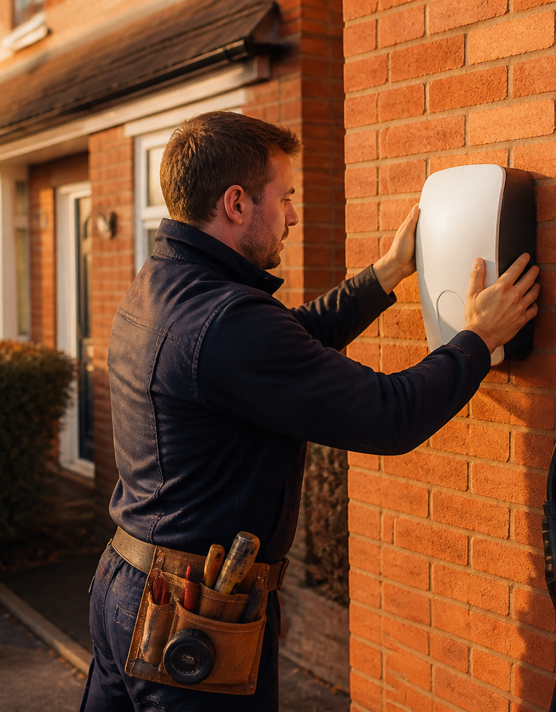 An electrician installing a white wall-mounted EV charger on a red brick home wall.