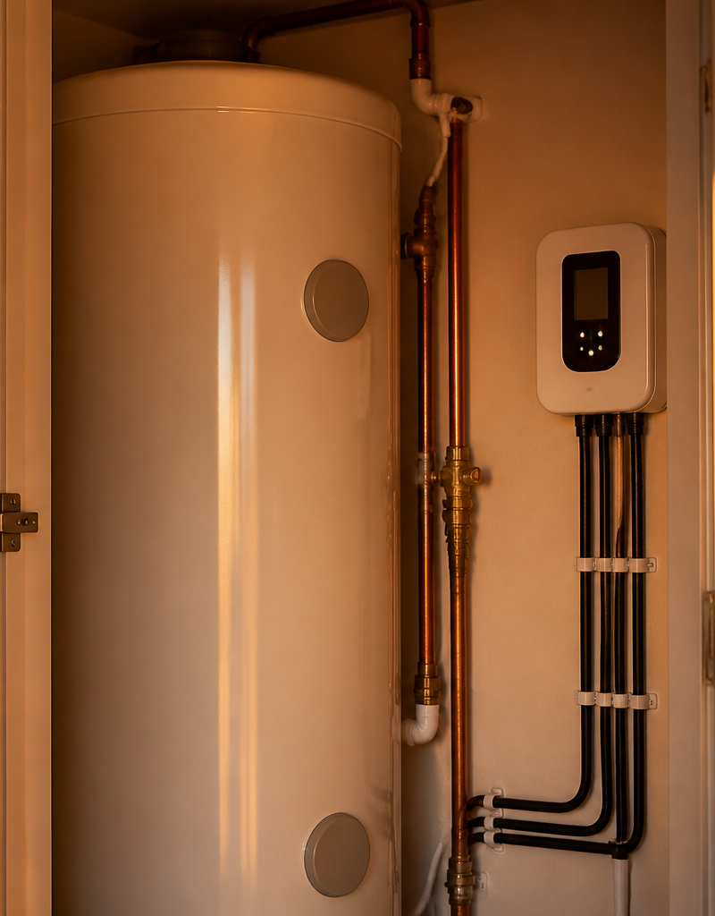 A modern British hot water cylinder with a wall-mounted solar immersion diverter unit installed in a utility cupboard.