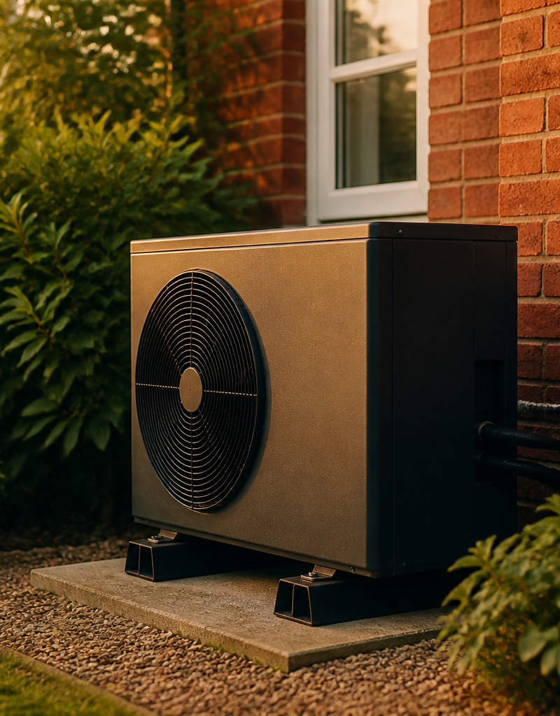 An outdoor heat pump unit installed on rubber pads against a red brick UK house wall
