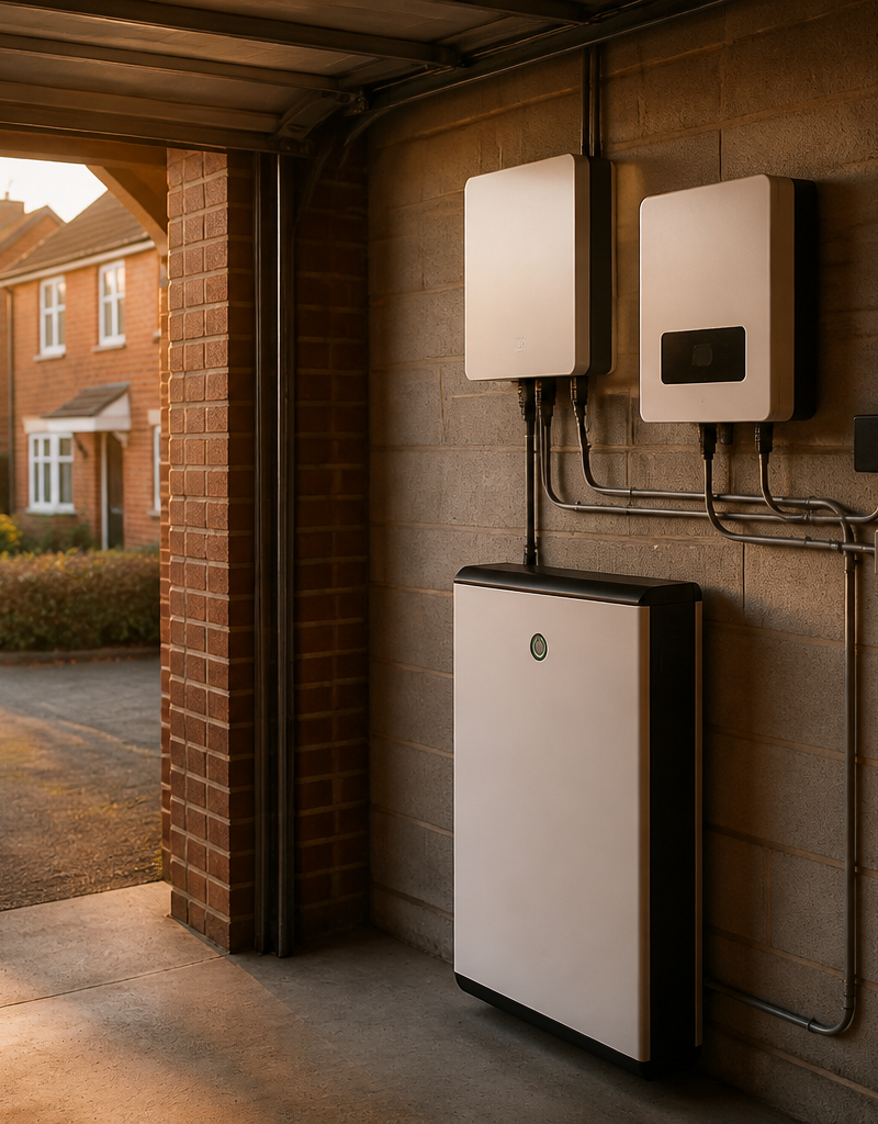 A home battery storage unit installed on a garage wall in a UK house