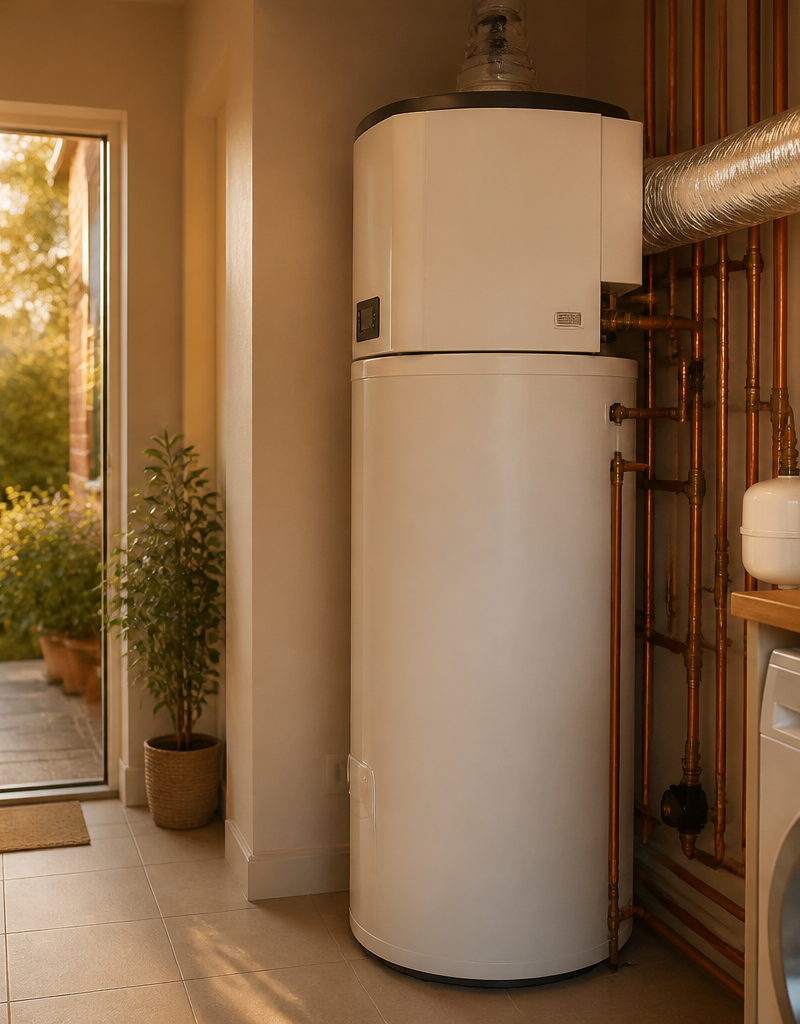 A modern heat pump hot water cylinder installed with neat copper plumbing and wall ducting in a UK home.