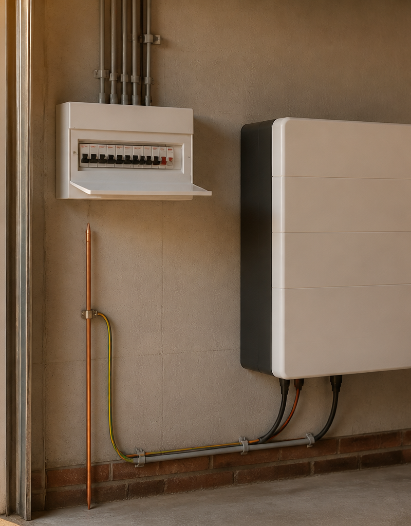A home battery storage system and connected electrical distribution board in a UK garage.