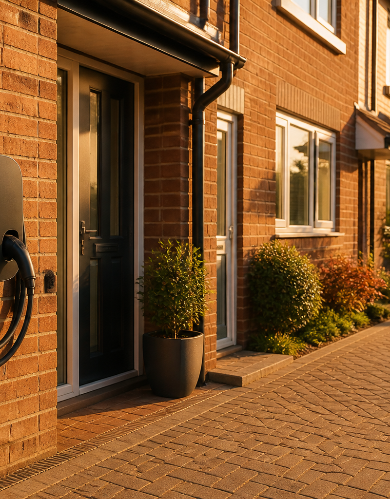 A compact smart EV charger mounted cleanly on the external brick wall of a British house beside a driveway.
