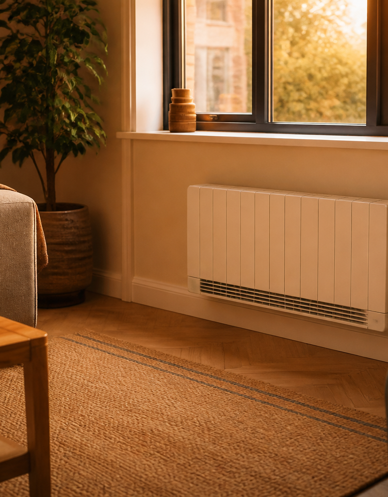 A modern fan-assisted radiator mounted neatly beneath a living room window in a UK home.
