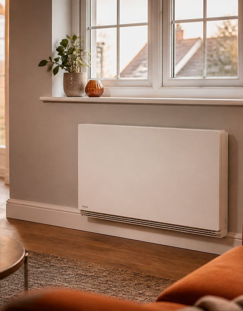 A modern high heat retention storage heater installed under a window in a British home living room.