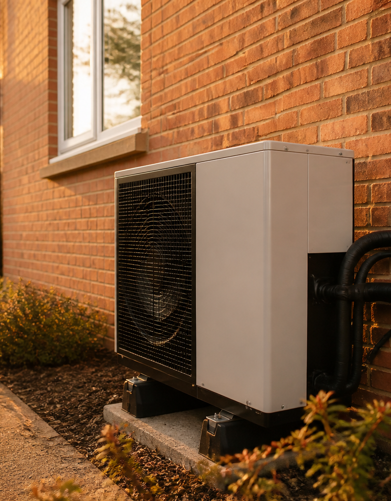 An outdoor air source heat pump unit installed against the exterior brick wall of a UK home.