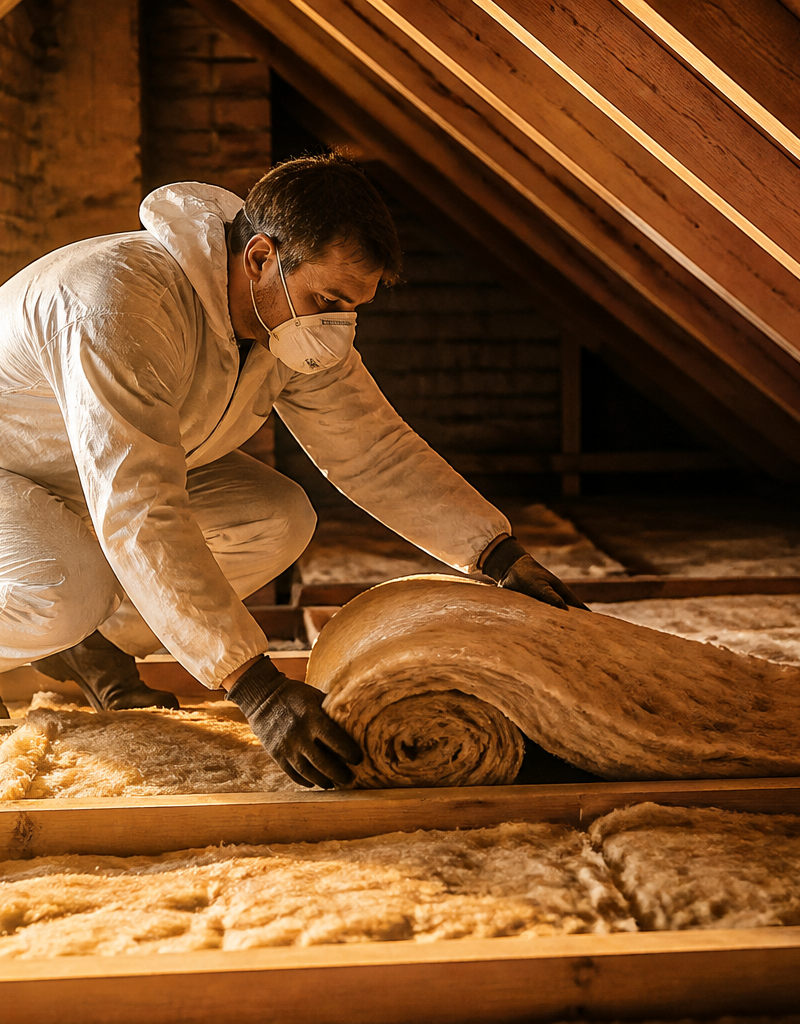 An installer laying thick mineral wool insulation rolls across timber floor joists in a UK loft space.