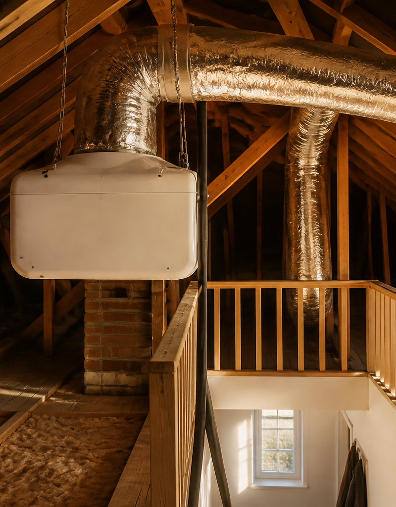 A loft-mounted Positive Input Ventilation system installed in a UK attic space.