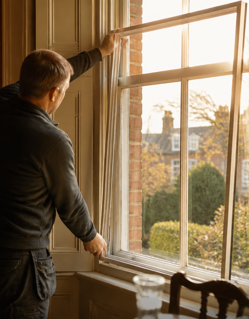 An installer fitting slim secondary glazing over an original sash window in a UK home.