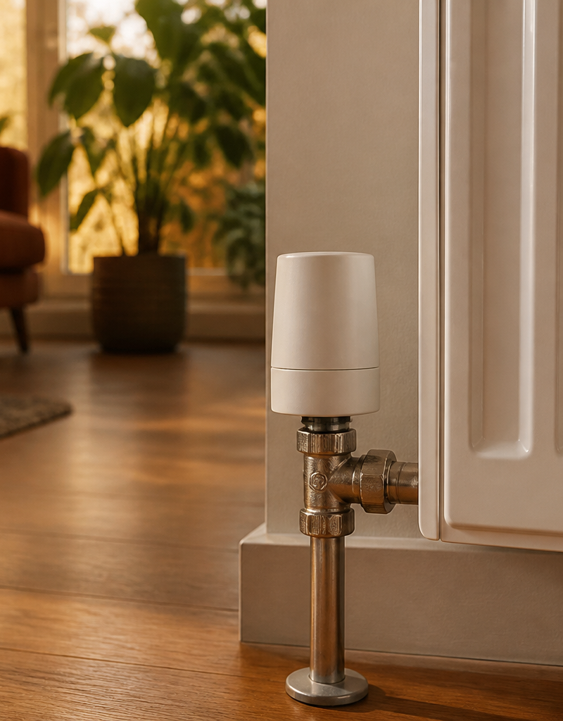 A white smart thermostatic radiator valve fitted on a home radiator in a modern room.