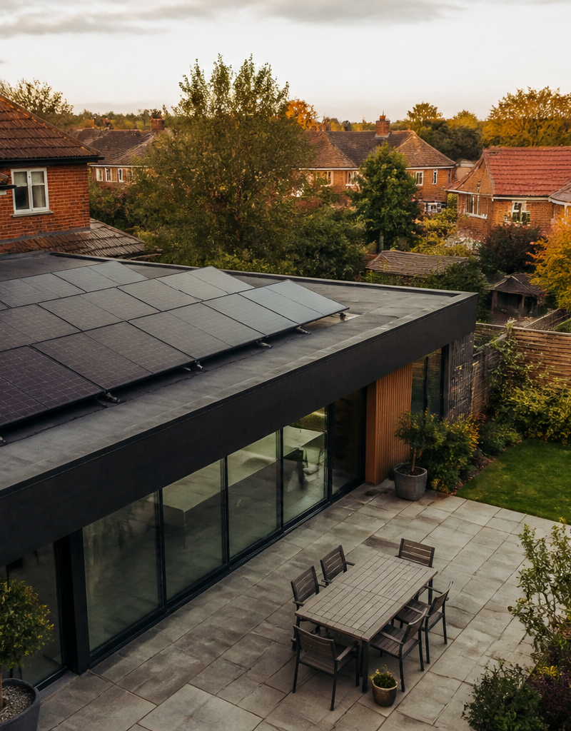 Black solar panels mounted on ballasted frames on a residential UK flat roof extension.