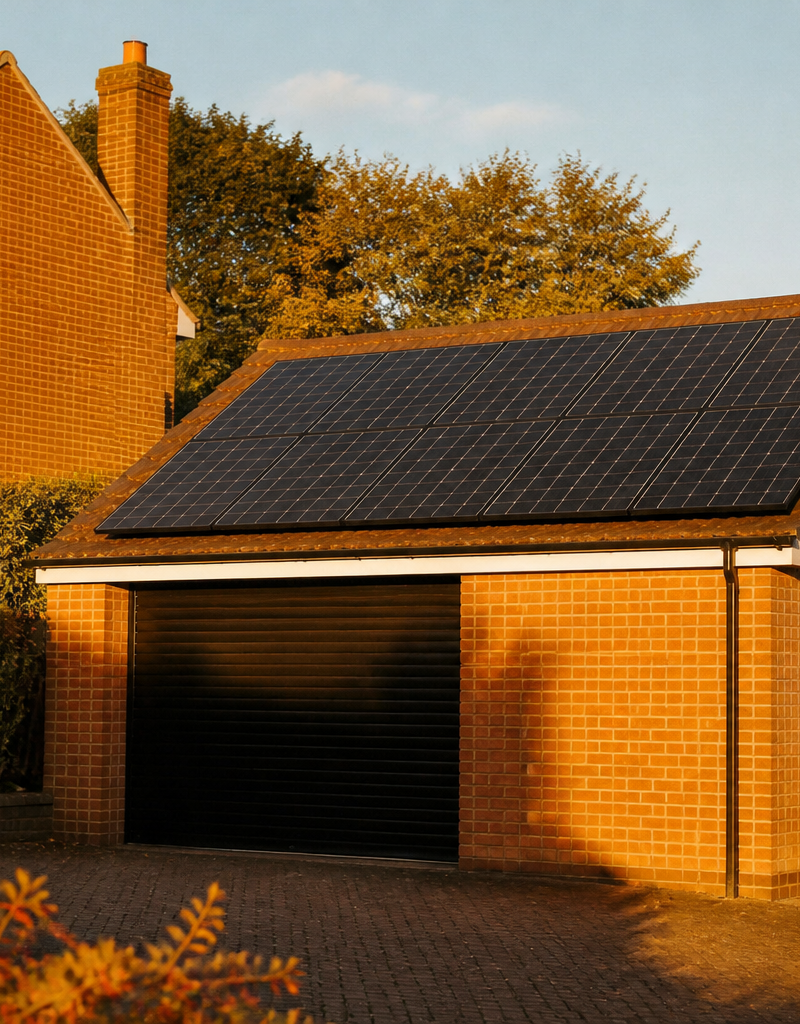 Solar panels installed on the roof of a detached garage next to a suburban house in the UK.