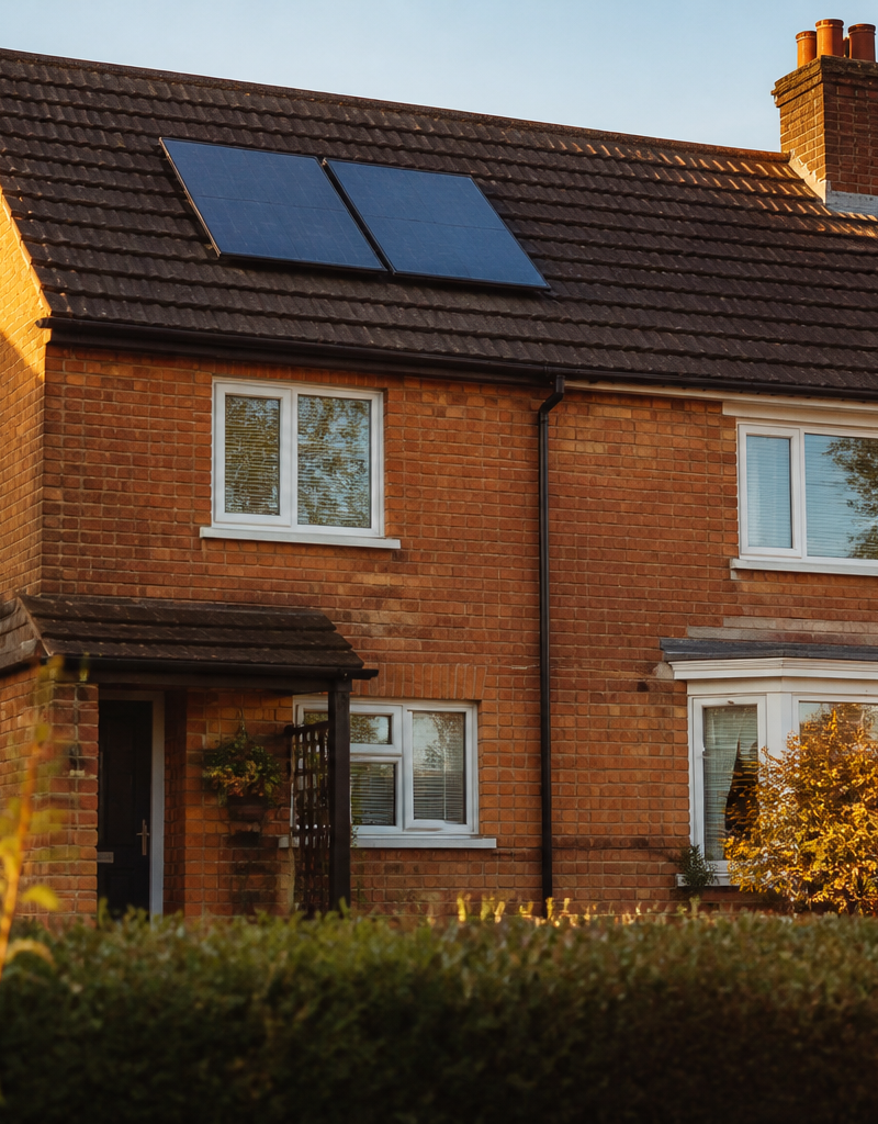 Solar thermal hot water panels mounted on a UK house tile roof on a clear sunny day.
