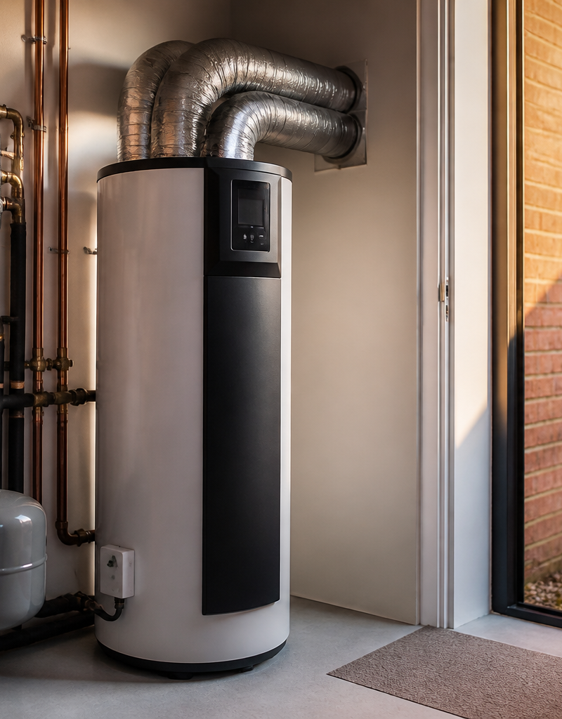 A standalone hot water heat pump cylinder installed in a bright UK utility room with insulated air ducts.