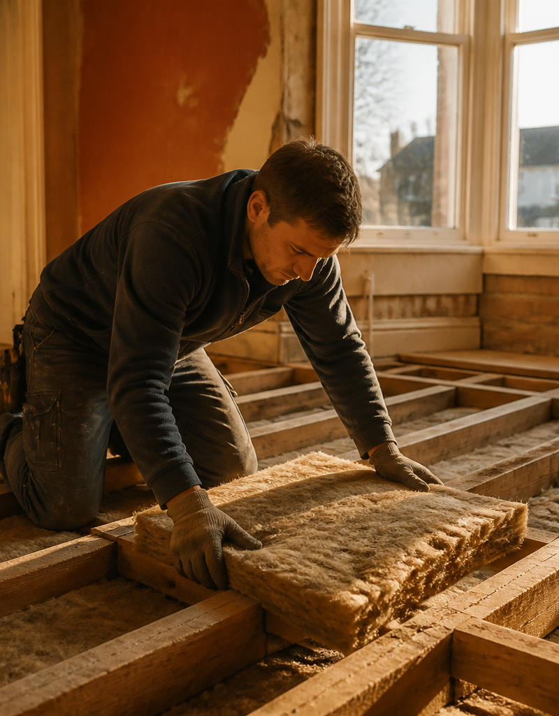 A tradesperson installing insulation between wooden floor joists in a British home