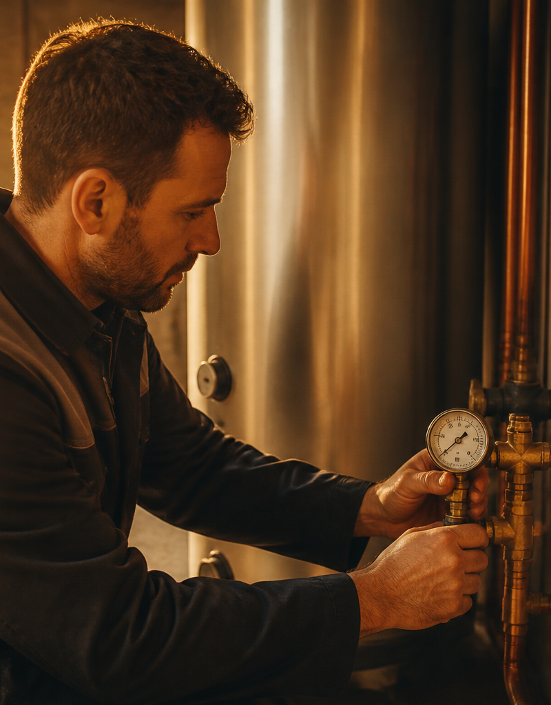 Heating engineer testing water pressure next to an unvented hot water cylinder in a UK home.